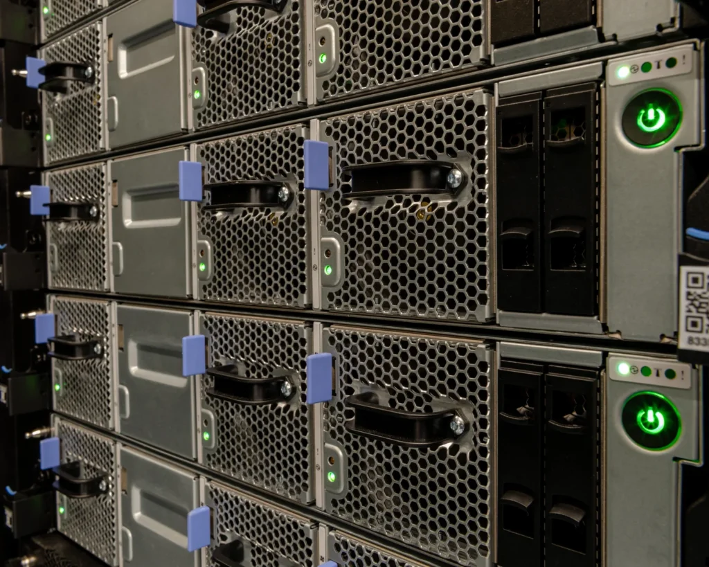Close-up of equipment racks in the Summit supercomputer at Oak Ridge National Laboratory