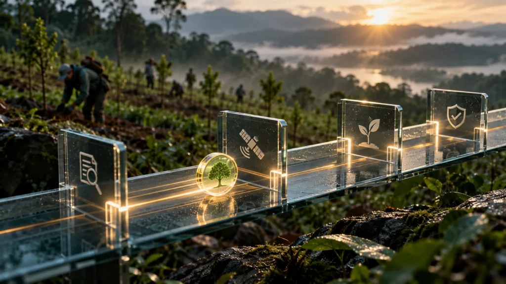 Editorial illustration of a carbon credit moving through verification checkpoints in a forest landscape