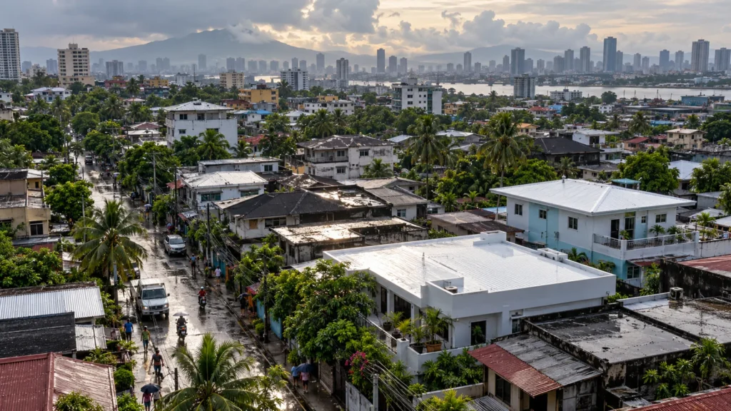 Tropical neighborhood with reflective white roofs and darker conventional roofs after rain