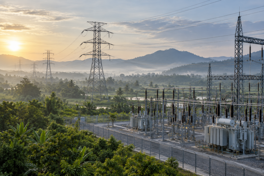 High-voltage transmission lines and an electrical substation in Southeast Asia