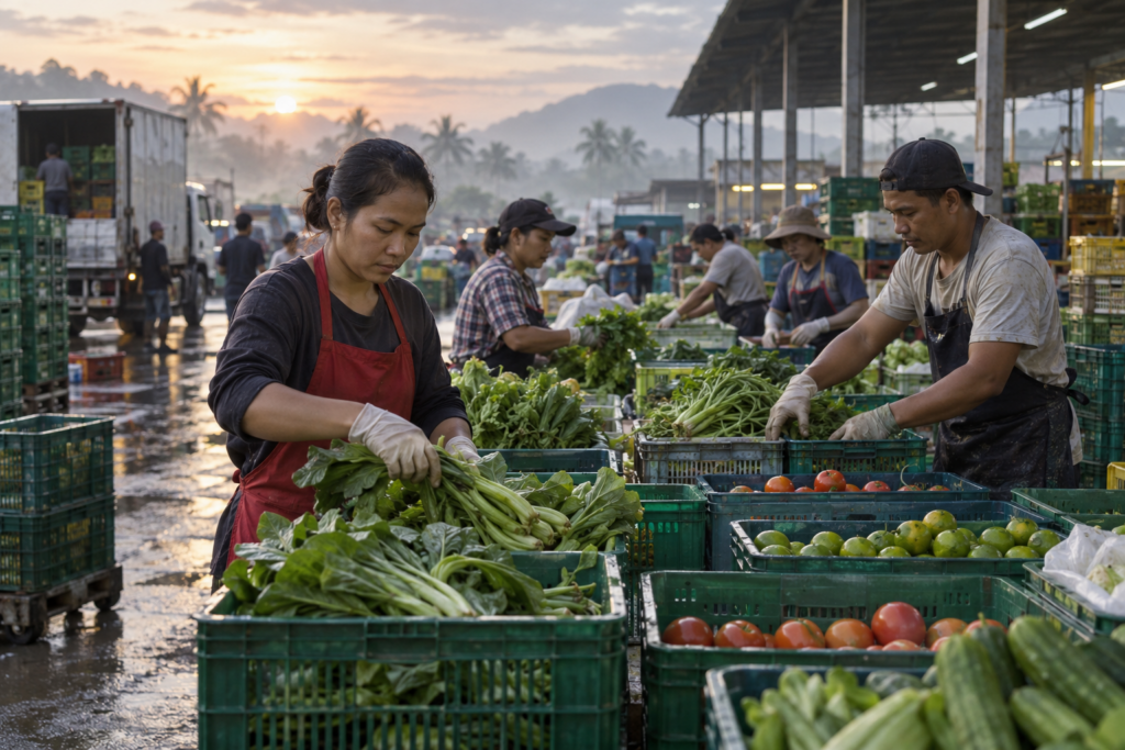 Workers sorting fresh produce at a Southeast Asian wholesale market