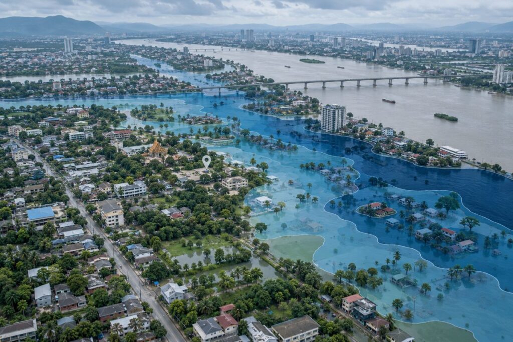 Illustration of flood-depth zones over a Southeast Asian riverside city
