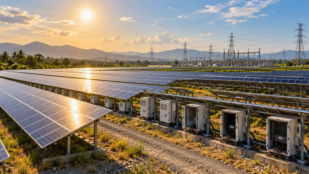 Solar farm and transmission substation illustrating renewable electricity curtailment